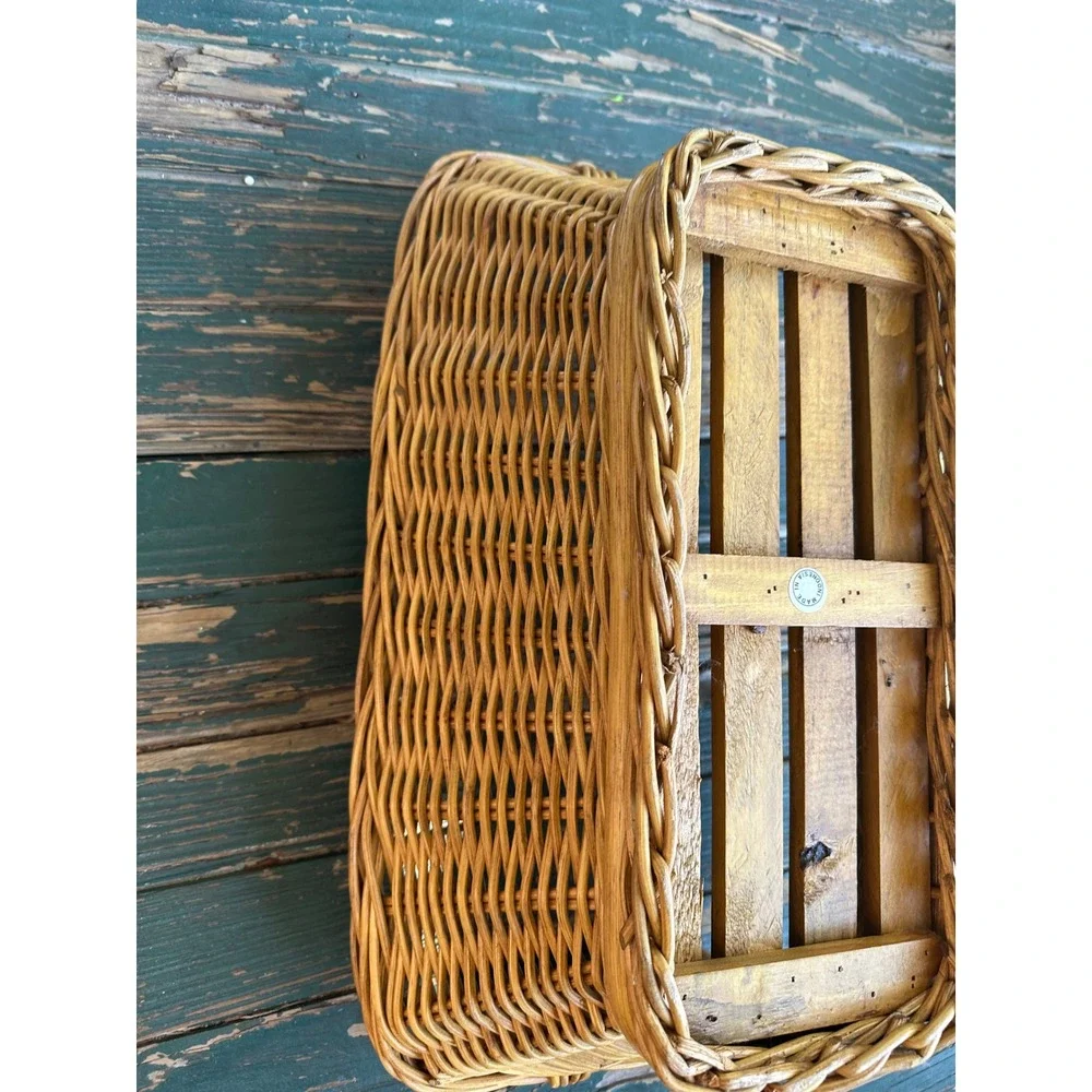 Vintage Wicker Storage Basket Wood Slat Bottom Chunky Handles Indonesia 18x11x7